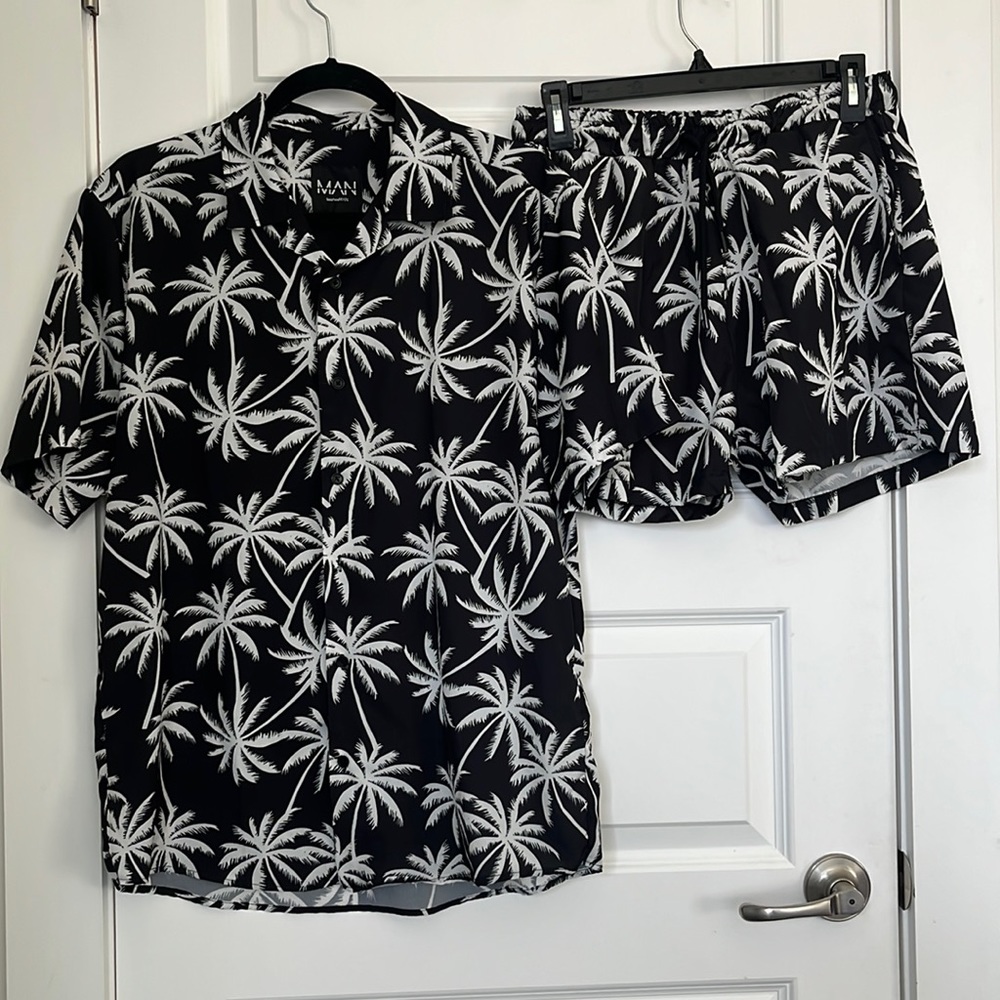 Boohoo Man palm tree button down swim 2 piece